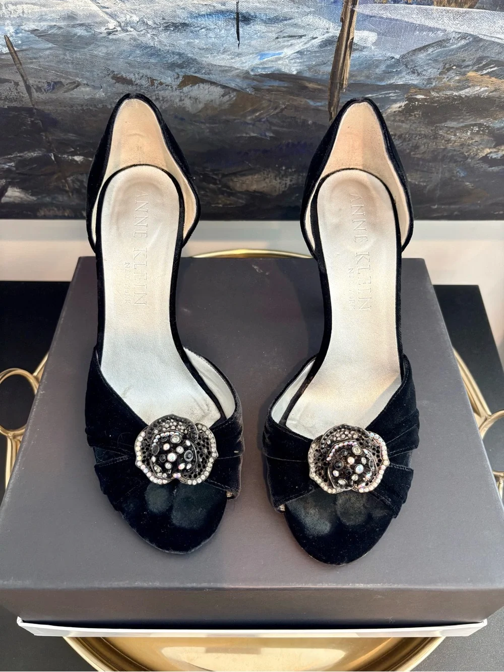 Anne Klein Black Velvet D'Orsay Heels with Beaded Flower Accent